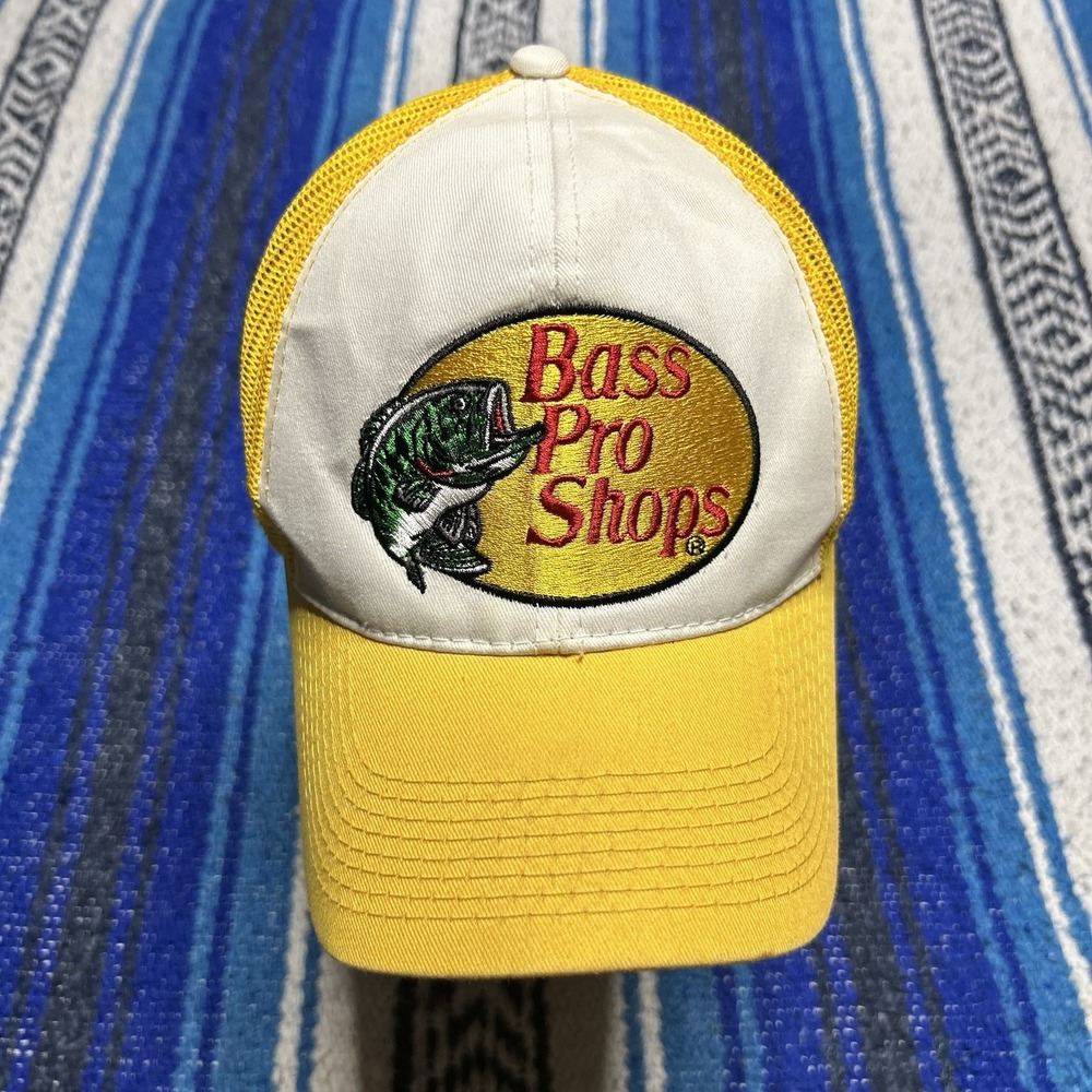 Vintage Bass Pro Shops Trucker Hat Yellow White Mesh Snapback Fishing Logo